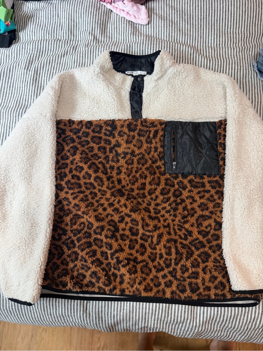 Seven7 Cream Sherpa Pullover with Brown Leopard Panel